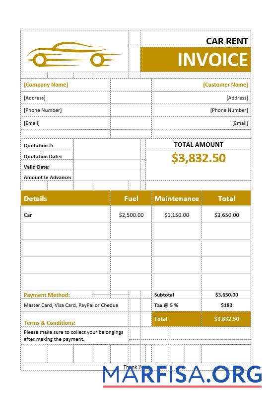 Downloadable Car Rental Invoice real example